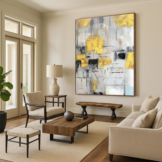 Large Size Yellow, Gray, and Black Textured Abstract Art PT749