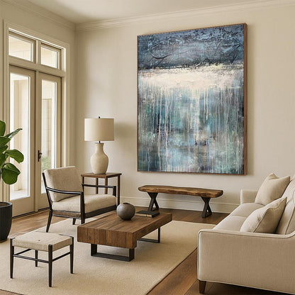Large Painting In Living Room Blue, Gray, and White Textured Abstract Landscape Art DPS470