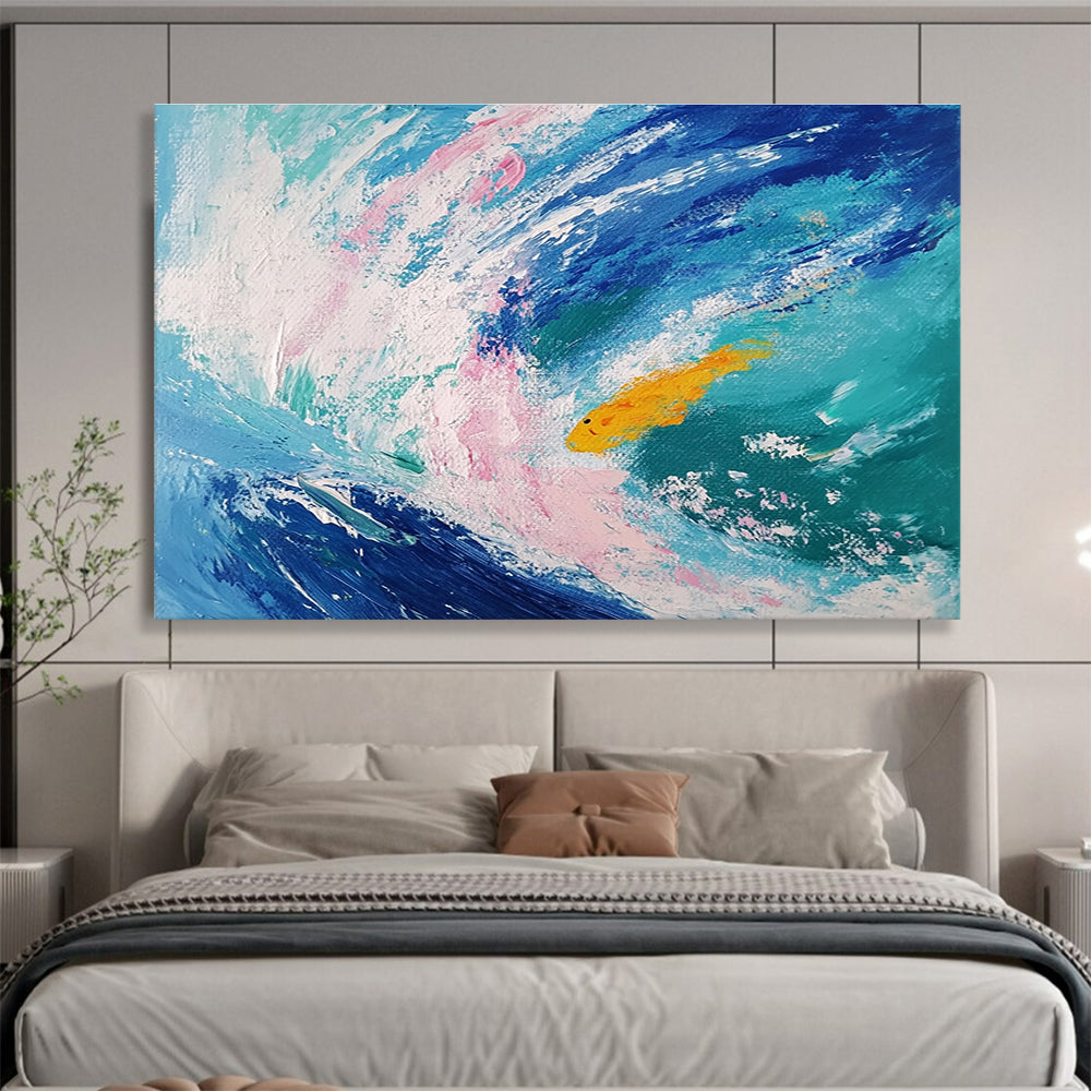 Paintings For House Blue, Pink, White & Yellow Abstract Coastal Painting With Fish HPS289