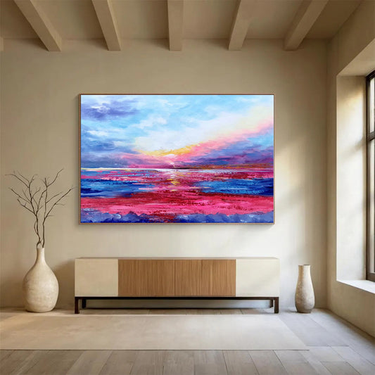 Hand-Painted Pink, Blue & Purple Sunset Sea Abstract Painting On Canvas HPS076