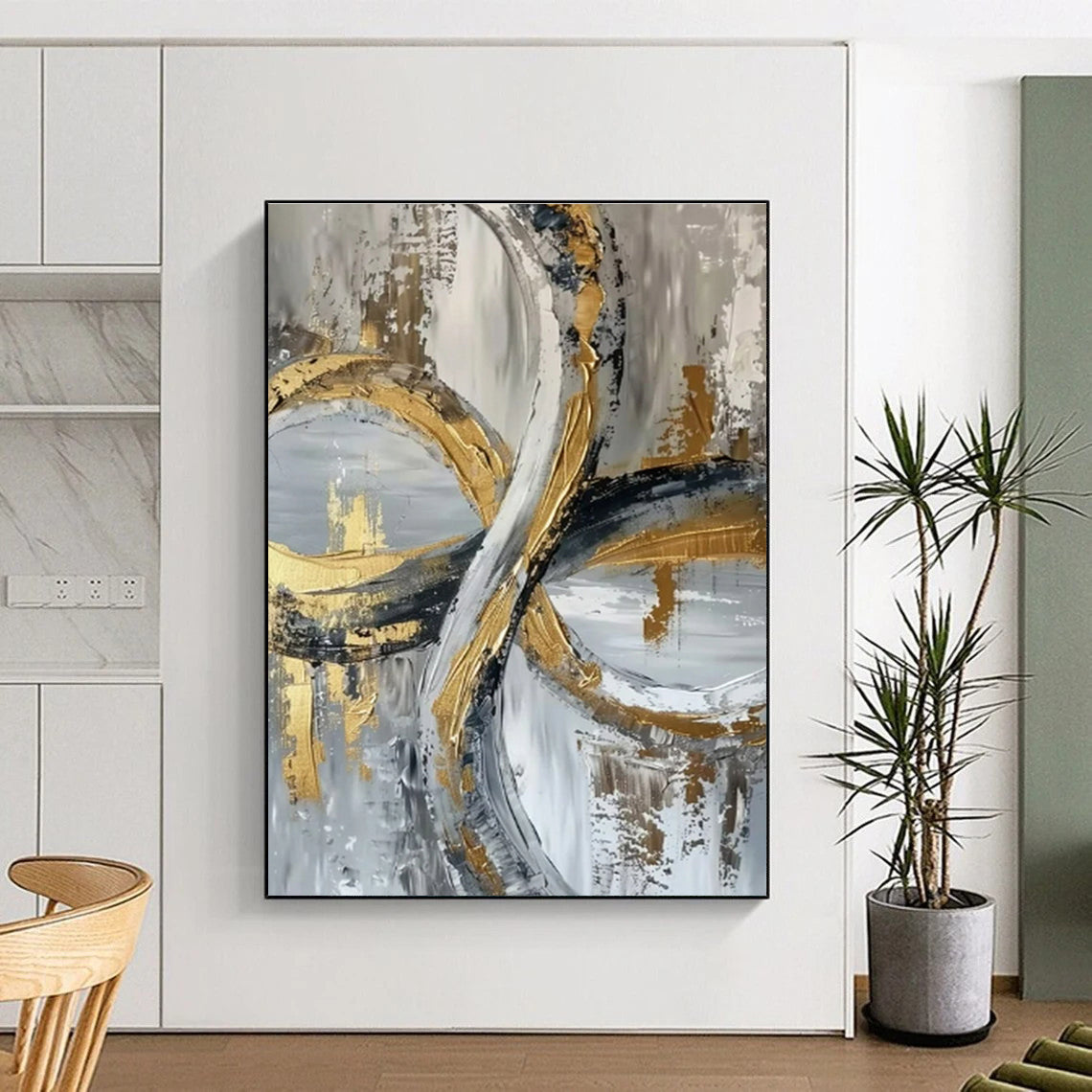 Unique Abstract Art Gold, Gray, and White Circular Abstract Art PT734