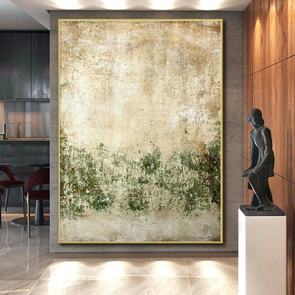 Hand Painted Art Beige & Green Textured Abstract Painting On Canvas PT073