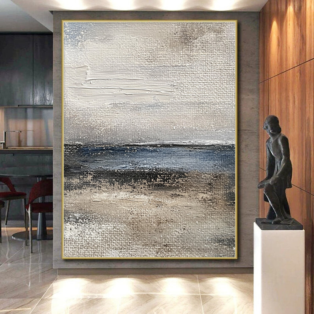 Large Abstract Painting For Living Room, Gray Blue Beige Abstract Seaside Art PT171