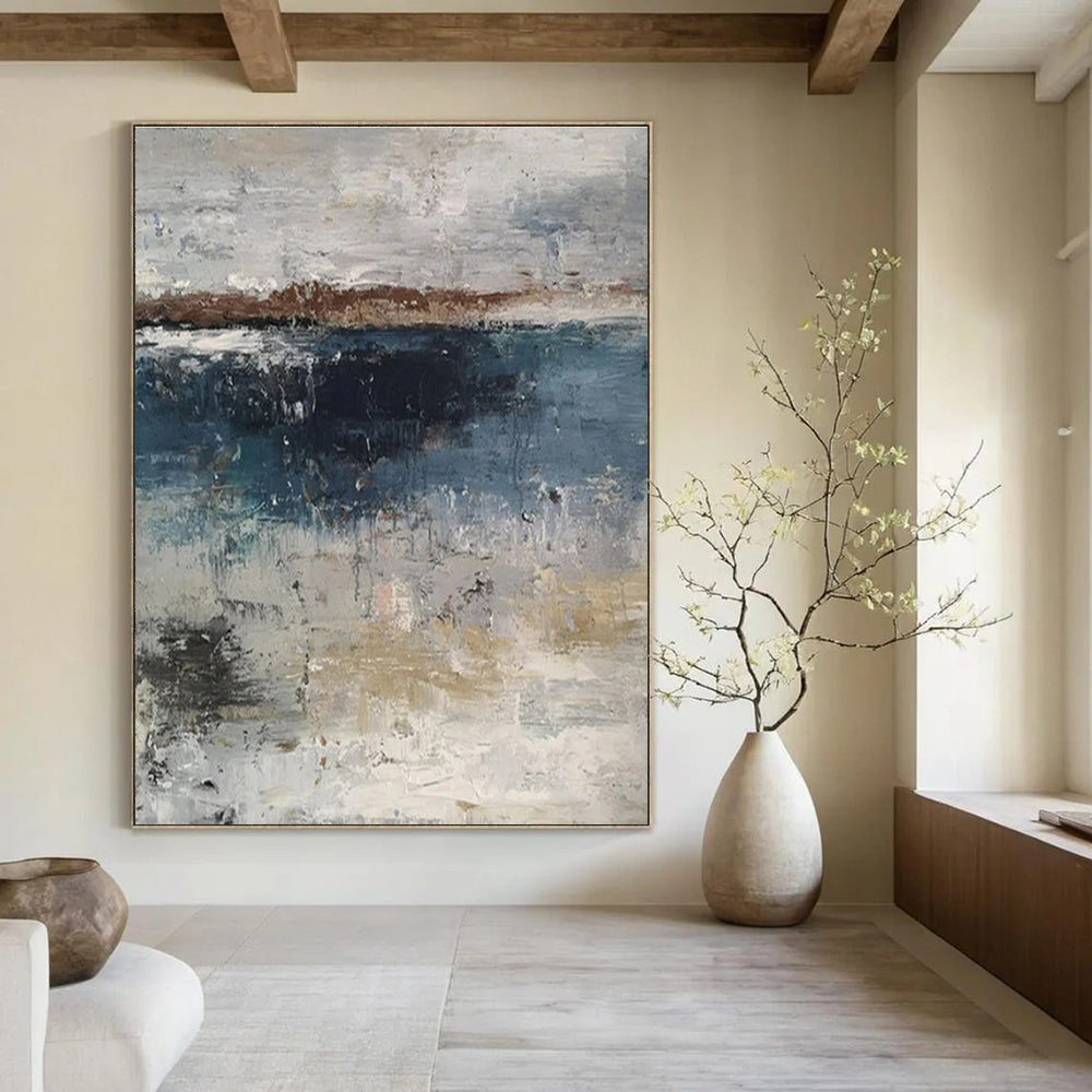 Large Painting In Living Room Gray, Blue & Beige Abstract Waterfront, Modern Art Acrylic DPS500