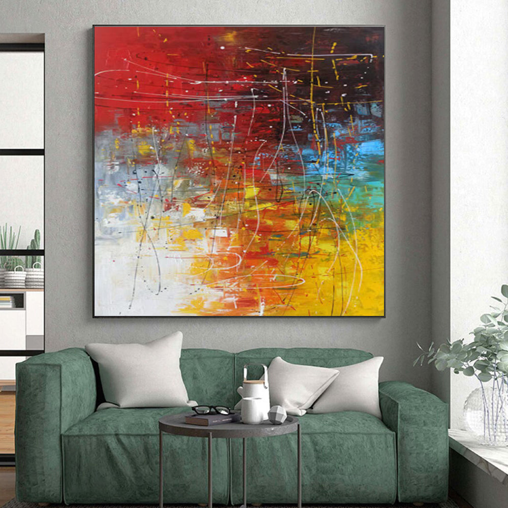 Oversized Abstract Wall Art in Red, Yellow, Blue, Green, and White Abstract Lines and Shapes PT249