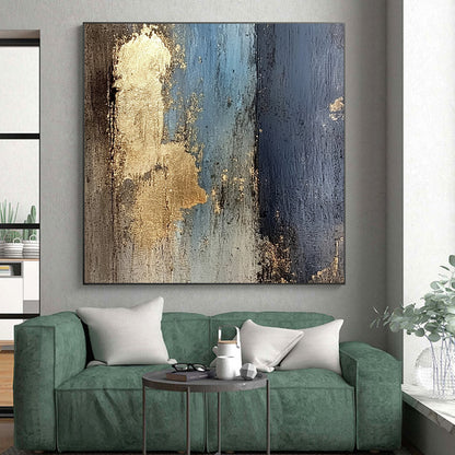 Large Abstract Art For Sale With Blue, Black, Gold Textured Accents On Canvas PT184