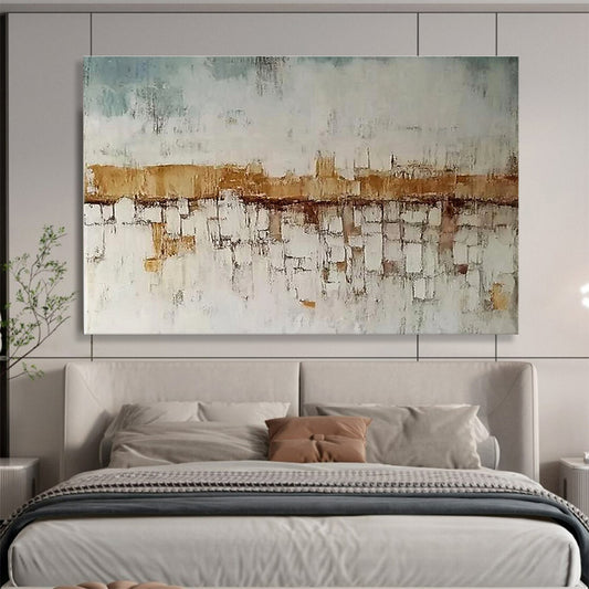 Hand-Painted Beige, Blue & White Textured Cityscape Abstract Painting HPS241
