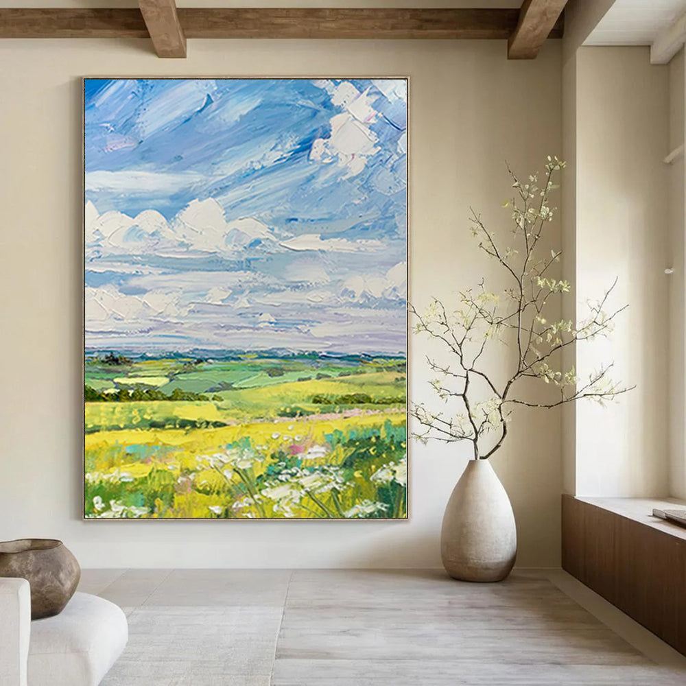 Large Painting In Living Room Colorful Landscape with Sky and Fields Acrylic Modern Art DPS420