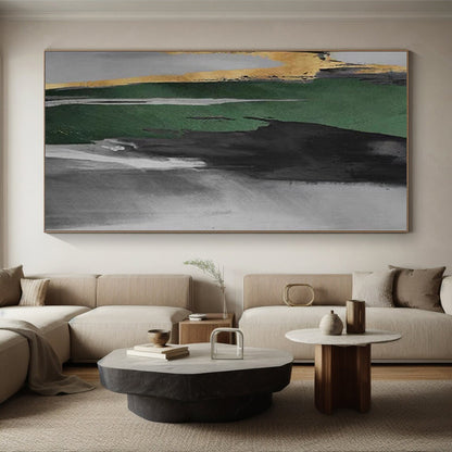 Hand Painting Green, Black, and Gold Abstract Work, Modern Art Acrylic PT002