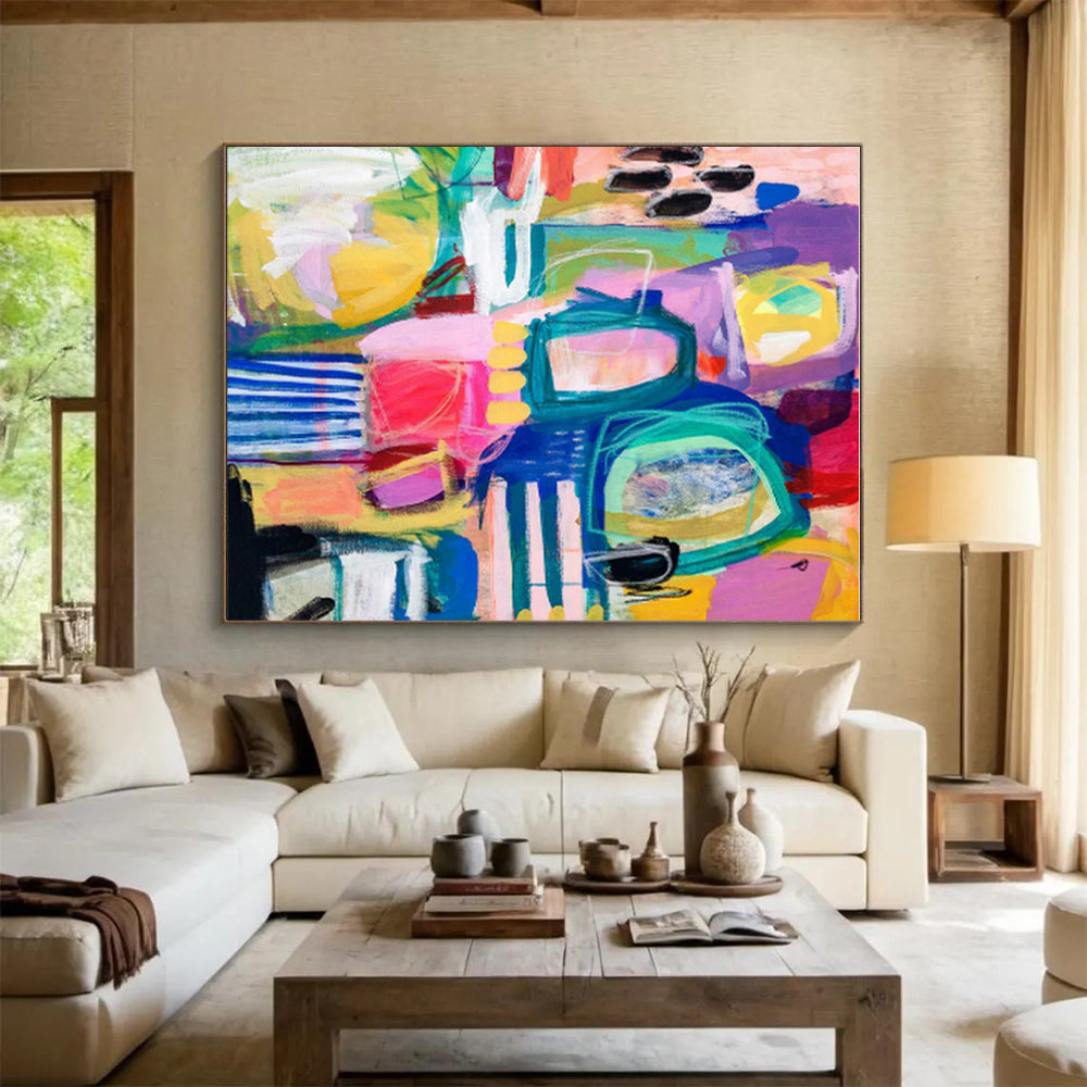 Unique Abstract Art with Vibrant Multicolored Shapes, Hand-Painted Acrylic Modern Art PT296