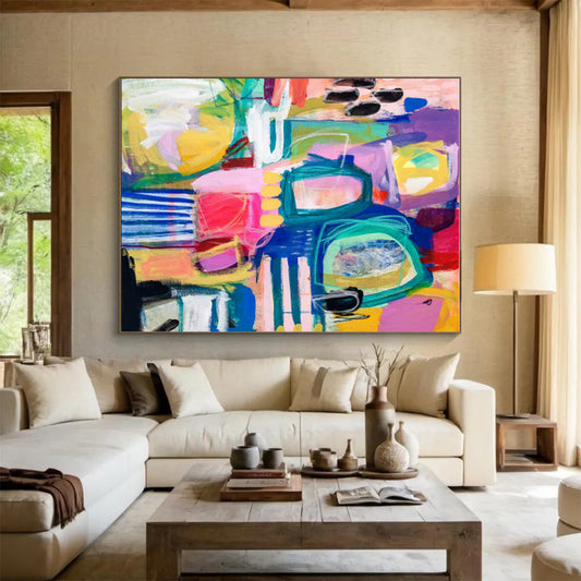 Unique Abstract Art with Vibrant Multicolored Shapes, Hand-Painted Acrylic Modern Art PT296