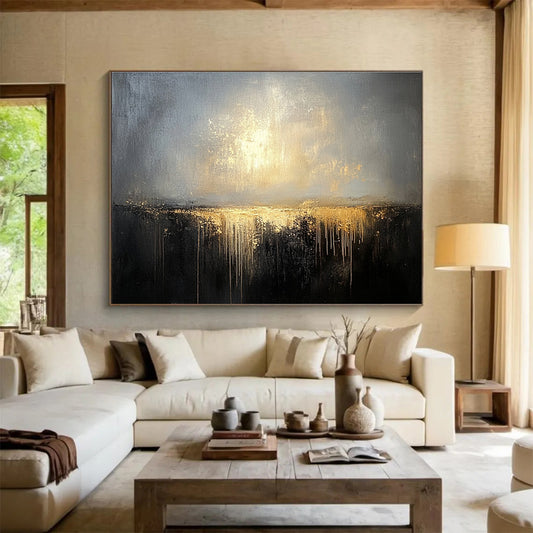 Modern Art Acrylic Gray, Gold & Black Textured Landscape Abstract Painting HPS269