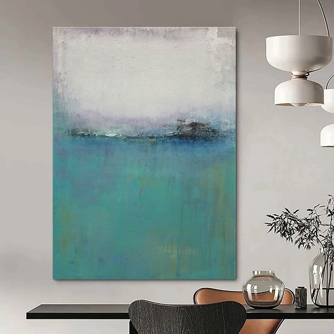Hand-Painted Teal, Gray, and White Abstract Seaside Art DPS476
