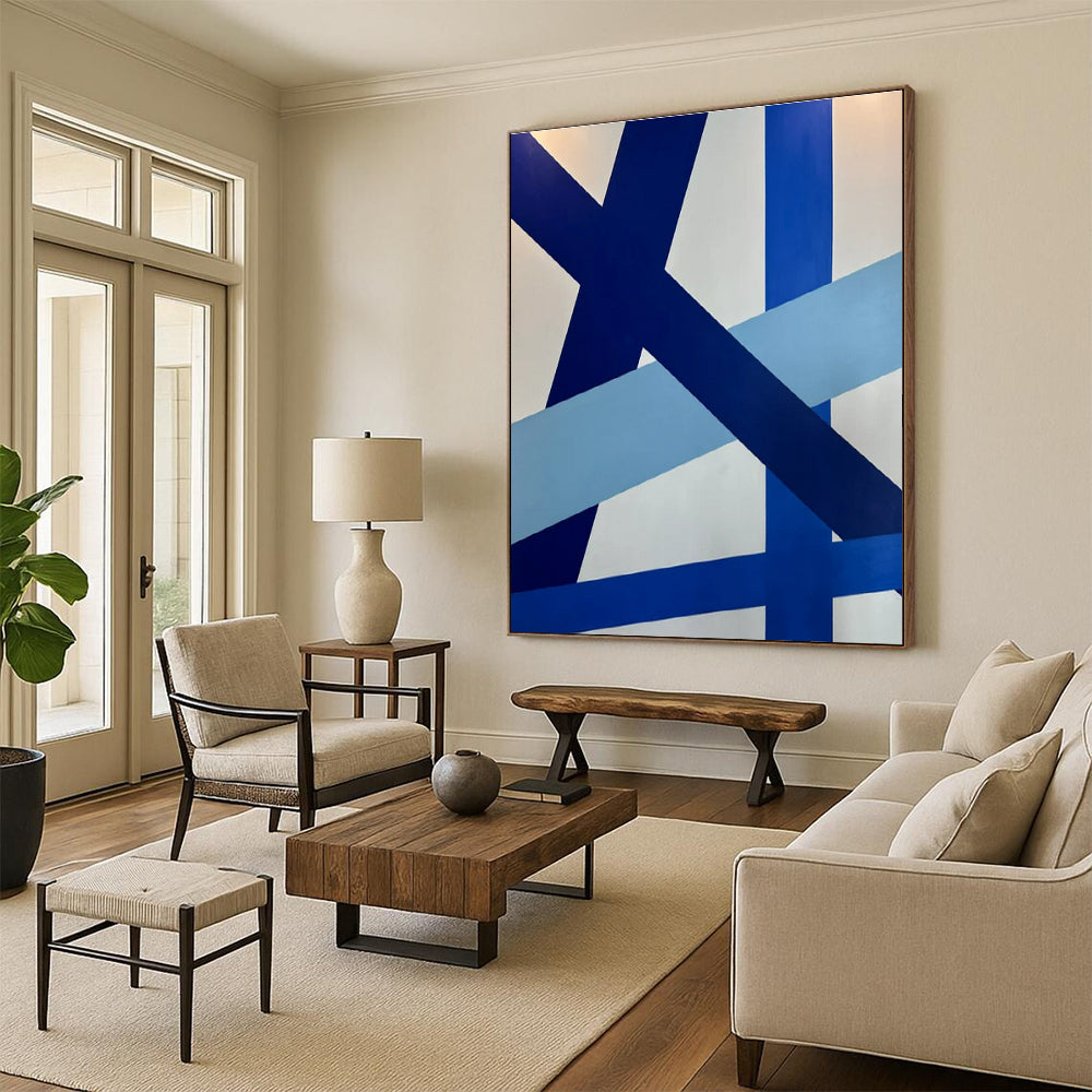 Large Size Blue and White Geometric Abstract Acrylic Painting PT642