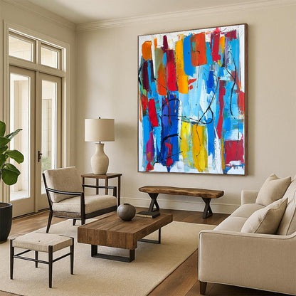 Hand-Painted Multicolor Abstract Energetic Composition, Acrylic Modern Art Paintings PT540