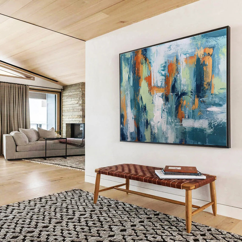 Modern Art Acrylic Teal, Orange & Green Urban Abstract Painting On Canvas HPS079