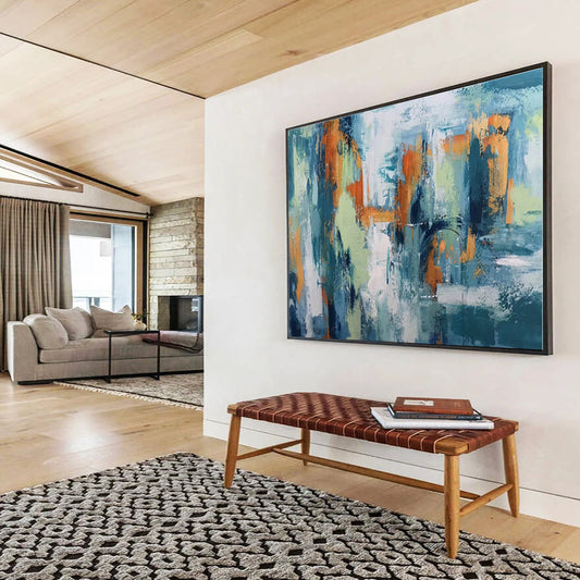 Modern Art Acrylic Teal, Orange & Green Urban Abstract Painting On Canvas HPS079