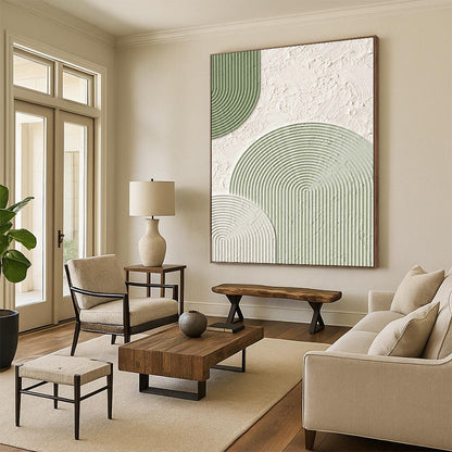 Handmade Art Green & White Geometric Textured Abstract Painting On Canvas PT074