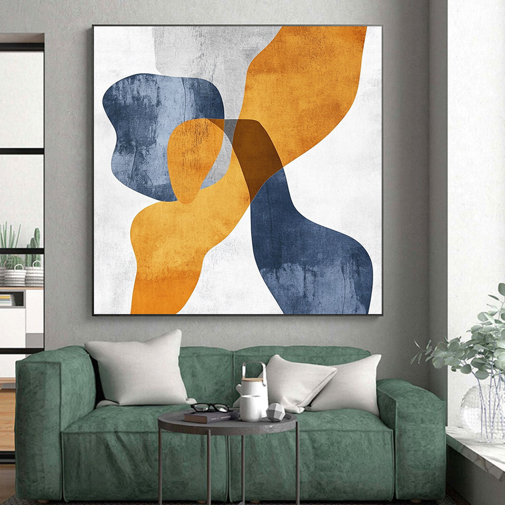 Handmade Art Orange, Blue & Gray Geometric Abstract Painting On Canvas PT124