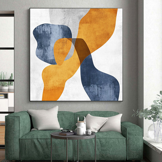 Handmade Art Orange, Blue & Gray Geometric Abstract Painting On Canvas PT124
