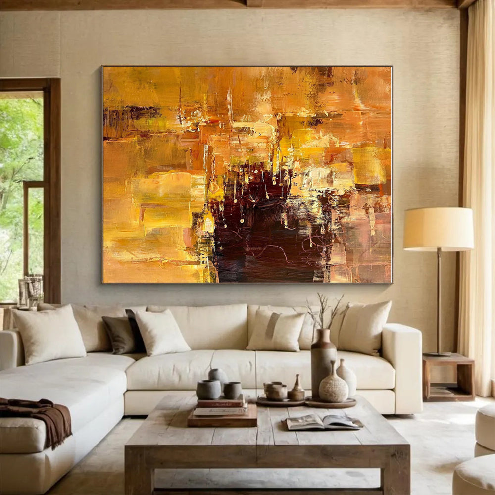 Large Painting In Living Room Orange Brown Abstract Expressionist Oil Painting PT350