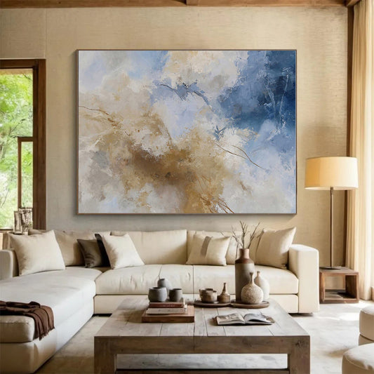 Minimalist Canvas Art Beige, Blue & Brown Abstract On Canvas HPS047