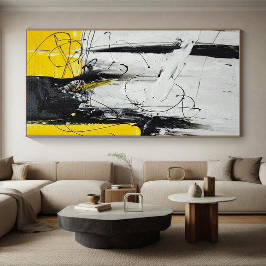 Unique Abstract Art Black White Yellow Textured Abstract Art PT405