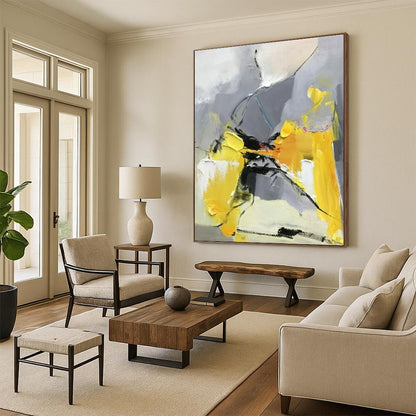 48x60 Yellow and Gray Abstract Expressive Work, Oversized Abstract Wall Art PT526