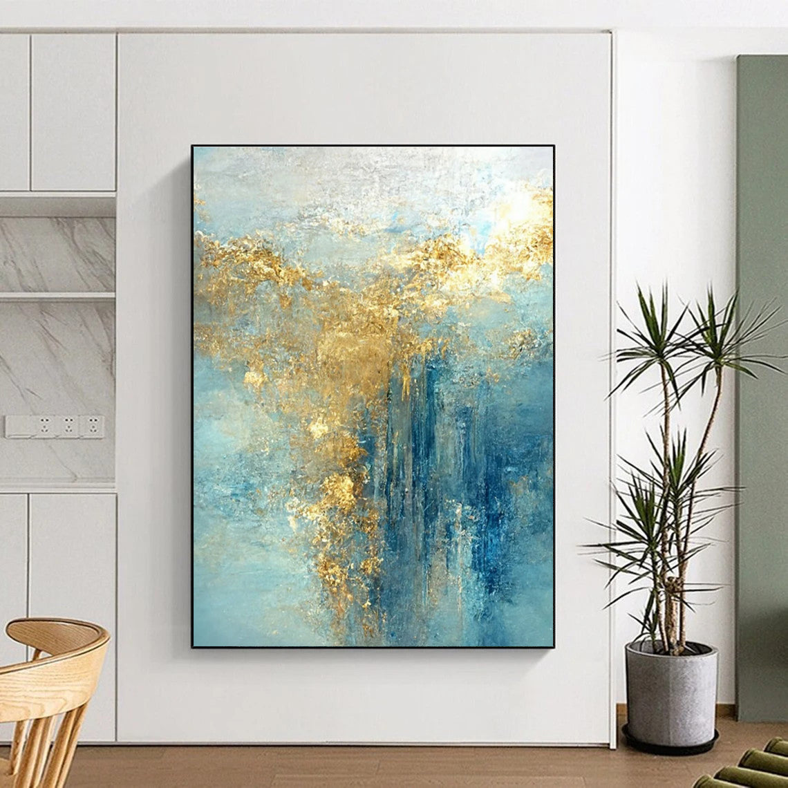 Large Size Blue and Gold Abstract Art with Flowing Textures PT227