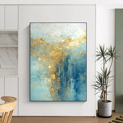 Large Size Blue and Gold Abstract Art with Flowing Textures PT227