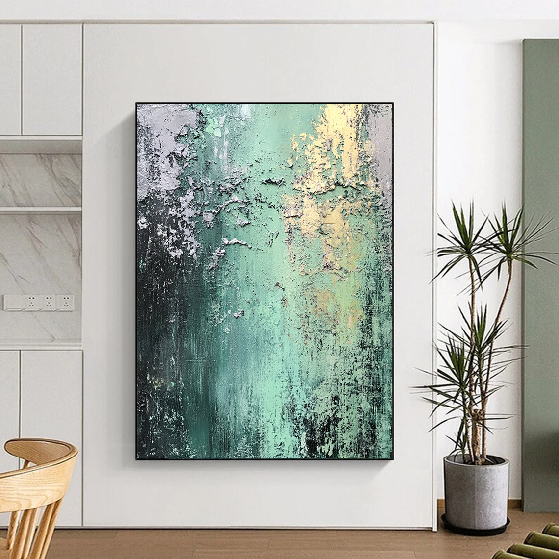 Modern Large Abstract Canvas Painting With Green, Gray, Yellow Textured Layers On Canvas PT187