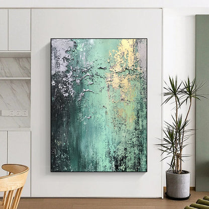 Modern Large Abstract Canvas Painting With Green, Gray, Yellow Textured Layers On Canvas PT187