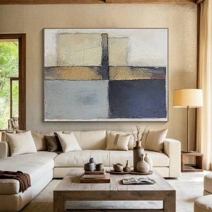 Custom Large Abstract Art For Living Room, Beige Blue Gold Abstract Geometric Art PT159