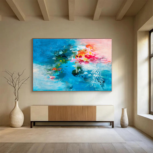 Hand Painted Art Vibrant Blue & Pink Floral Abstract On Canvas HPS021