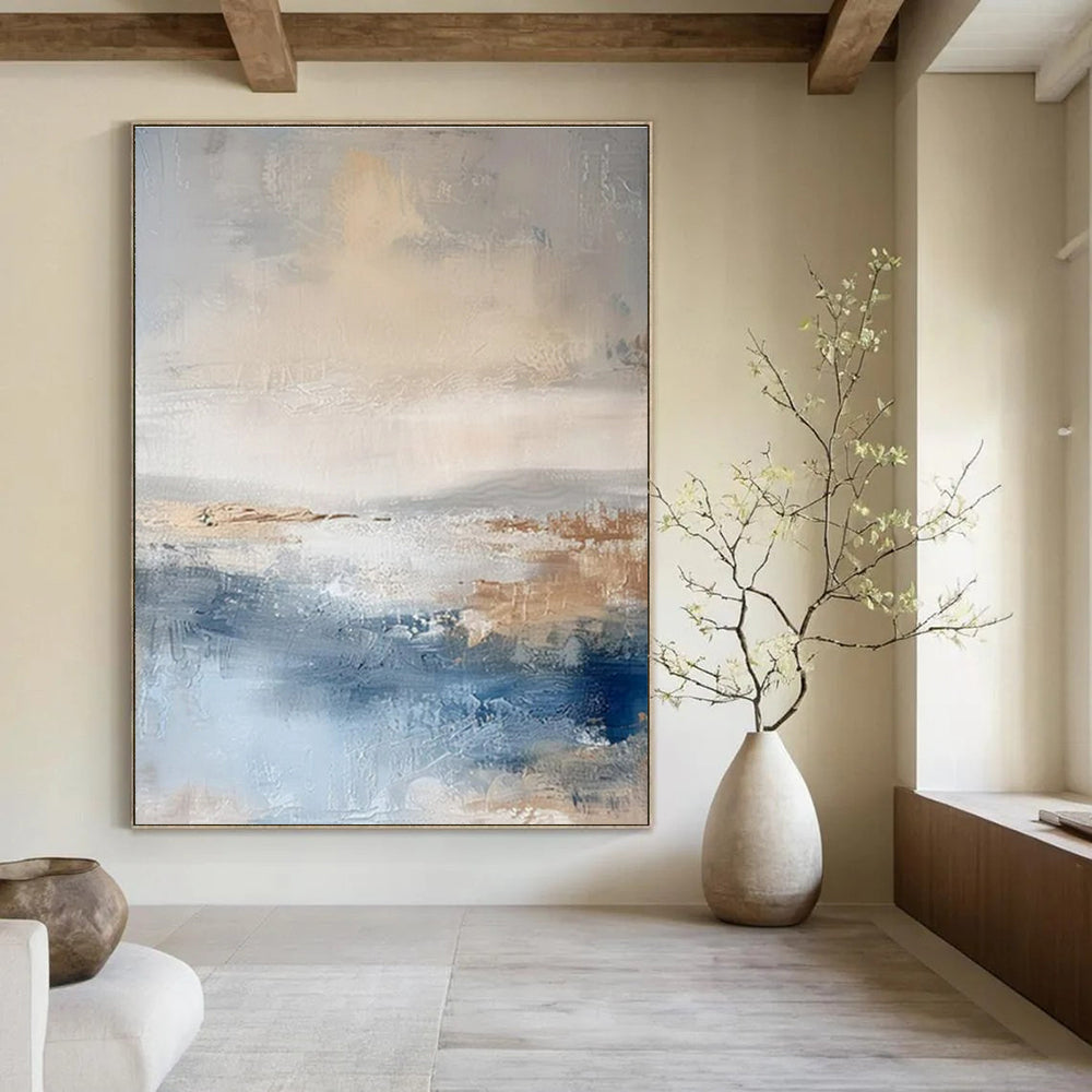Huge Size Beige, Gray & Blue Abstract Landscape, Large Contemporary Wall Art DPS502