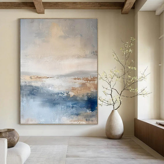 Huge Size Beige, Gray & Blue Abstract Landscape, Large Contemporary Wall Art DPS502