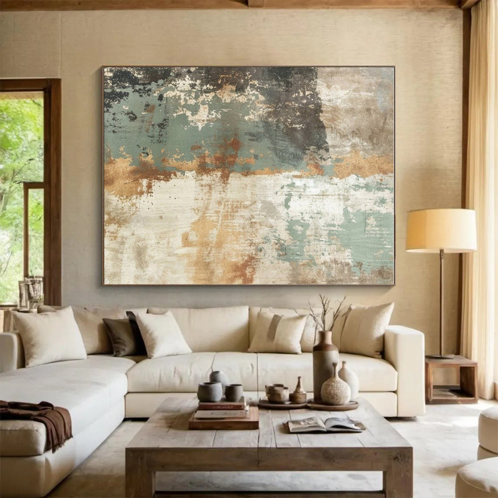 Hand Painting Teal, Brown, and Beige Textured Abstract Art PT741