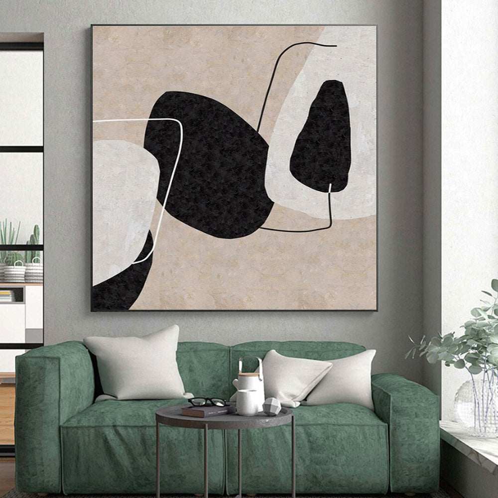 Minimalist Canvas Art Black, Beige, and White Organic Abstract Art PT691