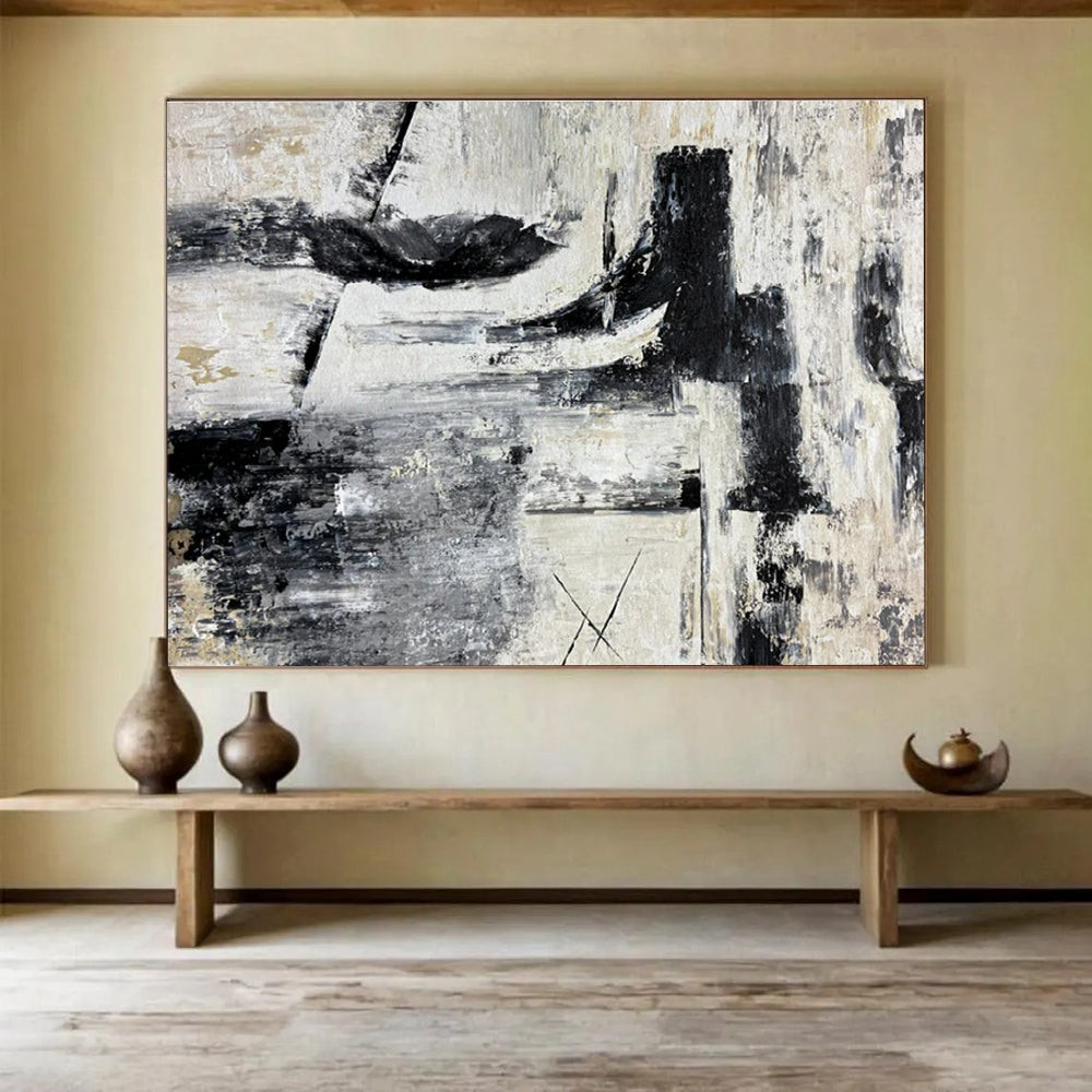 Huge Size Black, White, and Gray Textured Abstract Geometric Art HPS393