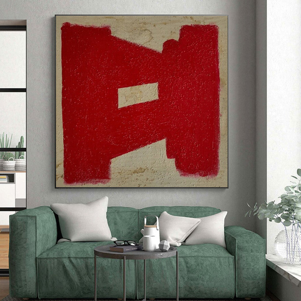 Handmade Art Red and Beige Geometric Abstract Art PT640