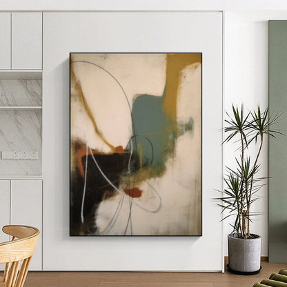 Unique Abstract Art in Black, White, Brown, Teal, and Orange Abstract Shapes and Lines Painting PT266