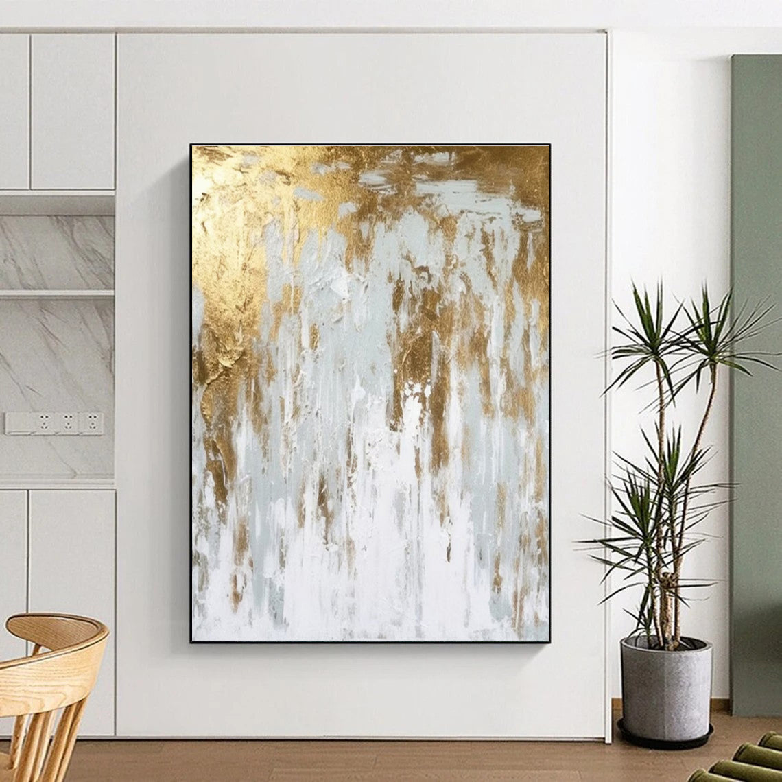 Hand-Painted Gold and White Textured Abstract Art PT666
