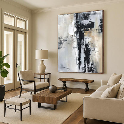 Large Contemporary Wall Art Black White Gray Abstract Textured Acrylic Art PT469