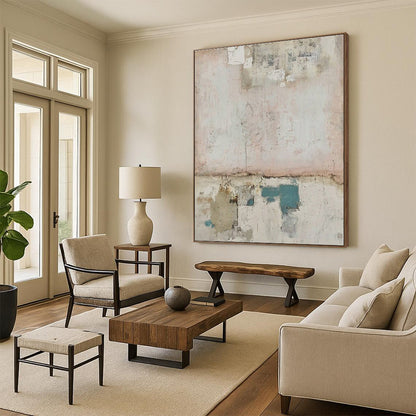 Handmade Art Soft Pink and Teal Textured Abstract Art PT624