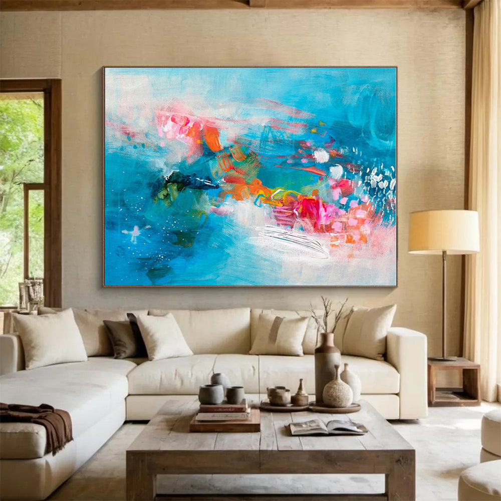 Acrylic Modern Art Paintings Energetic Blue & Pink Abstract On Canvas HPS022