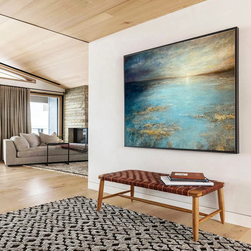 Hand Painted Art Blue & Gold Seascape Abstract Painting On Canvas HPS134