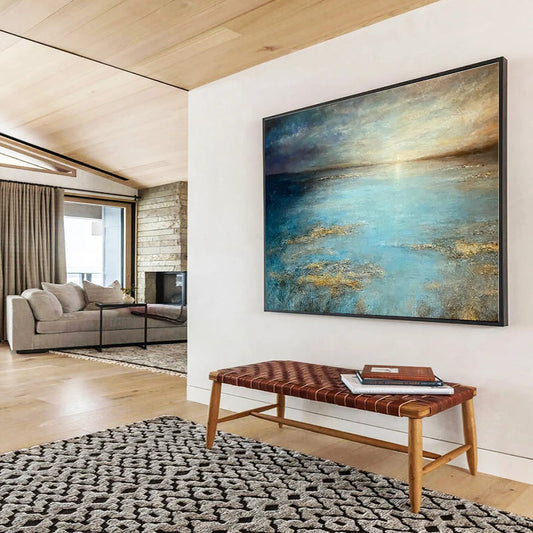 Hand Painted Art Blue & Gold Seascape Abstract Painting On Canvas HPS134