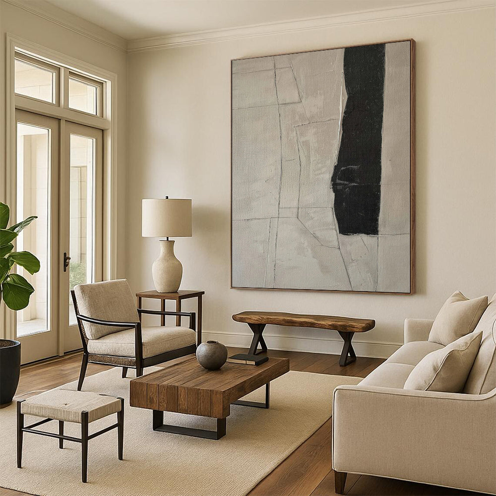 48x60 Black & Beige Geometric Abstract Painting On Canvas PT027