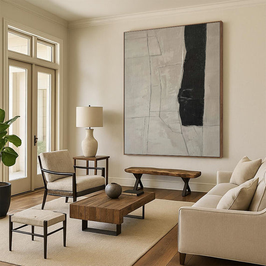 48x60 Black & Beige Geometric Abstract Painting On Canvas PT027