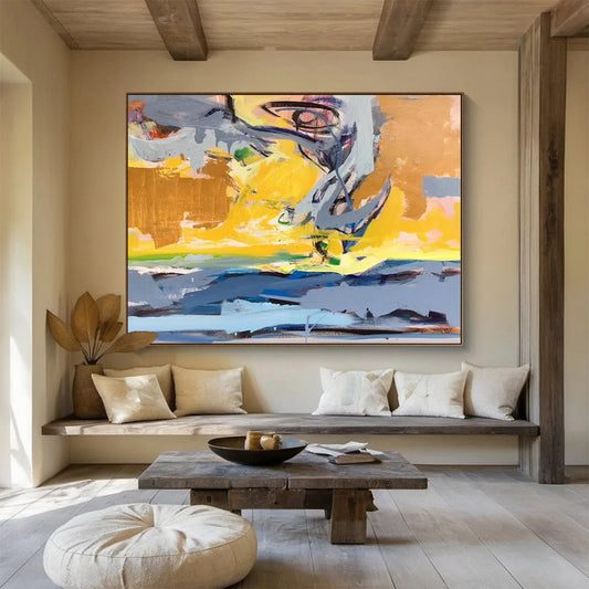 Modern Art Acrylic Yellow, Gray & Blue Abstract Energetic Art HPS189